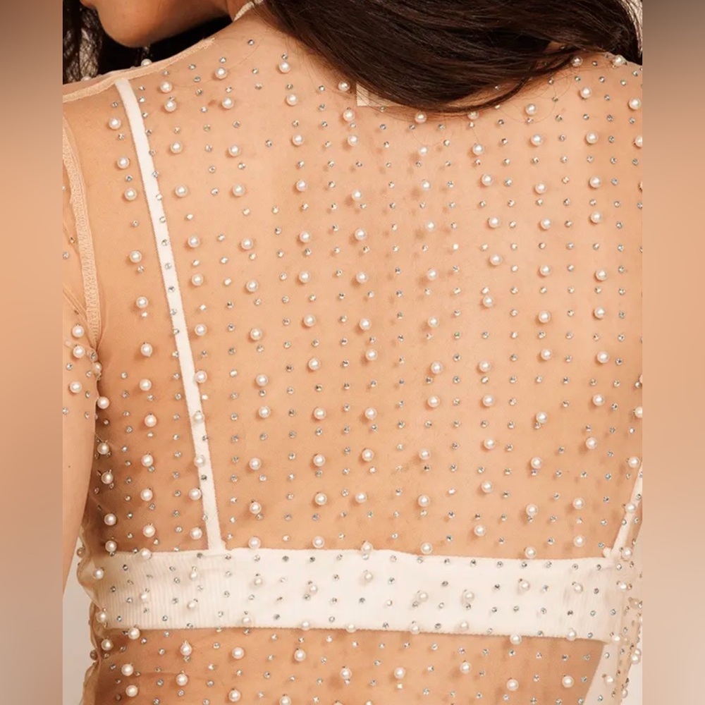 Endless Blu Rhinestone & Pearl-Embellished Sheer Crop Top